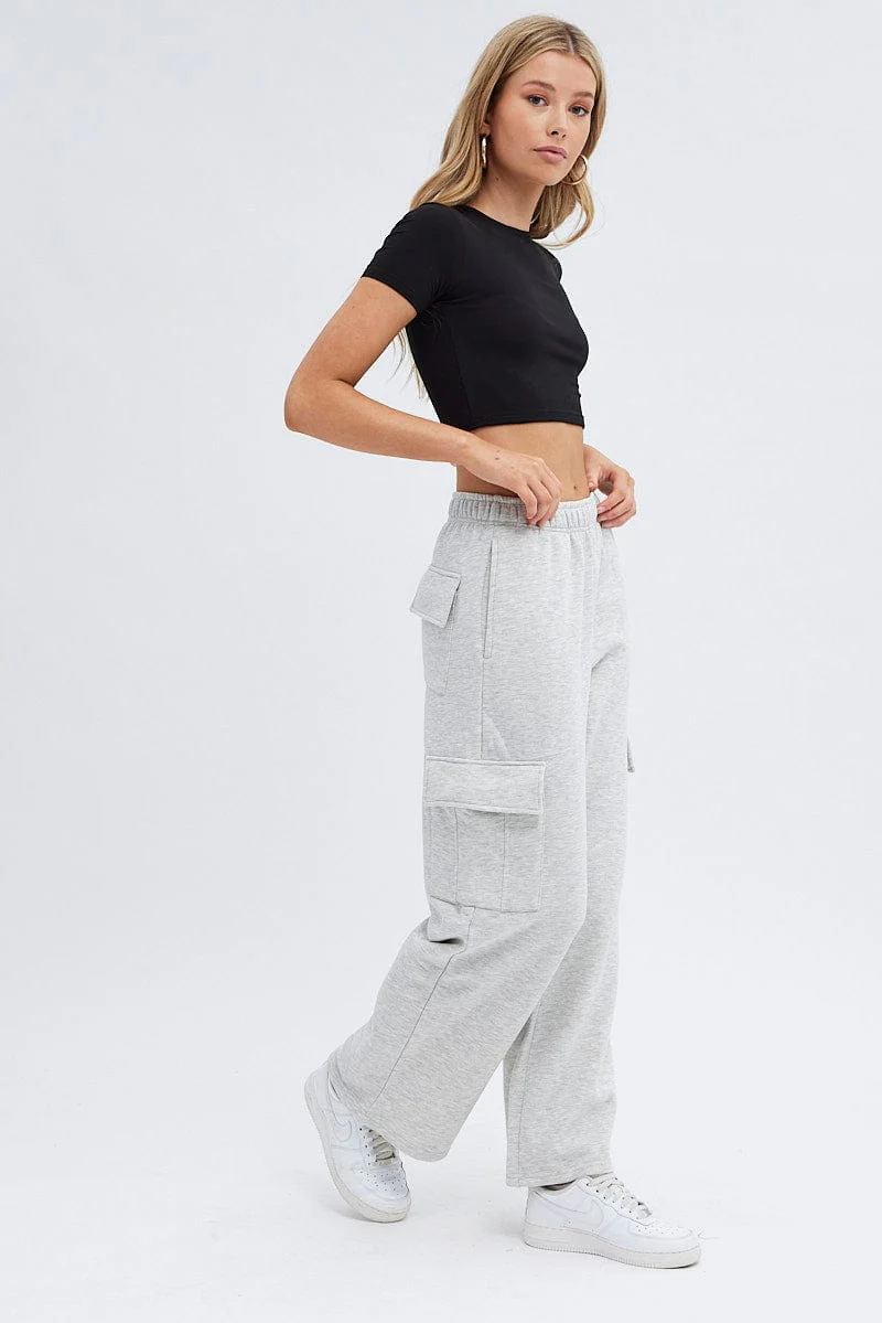 Grey Cargo Track Pants High Rise