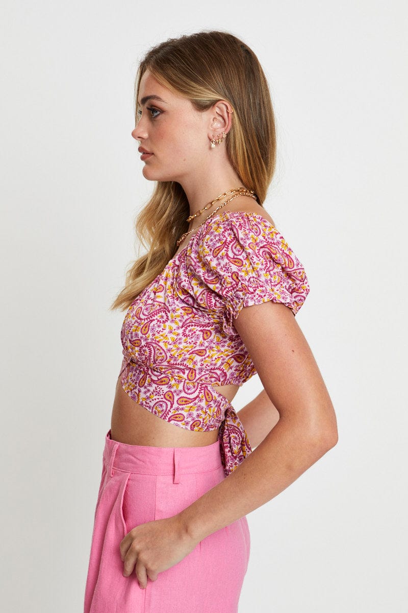 Print Puff Sleeve Top Short Sleeve Crop