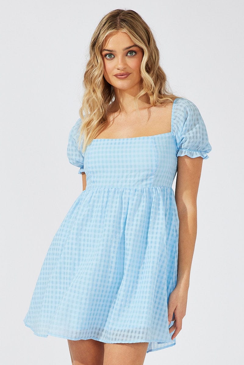 Blue Fit and Flare Dress Short Sleeve Self Check
