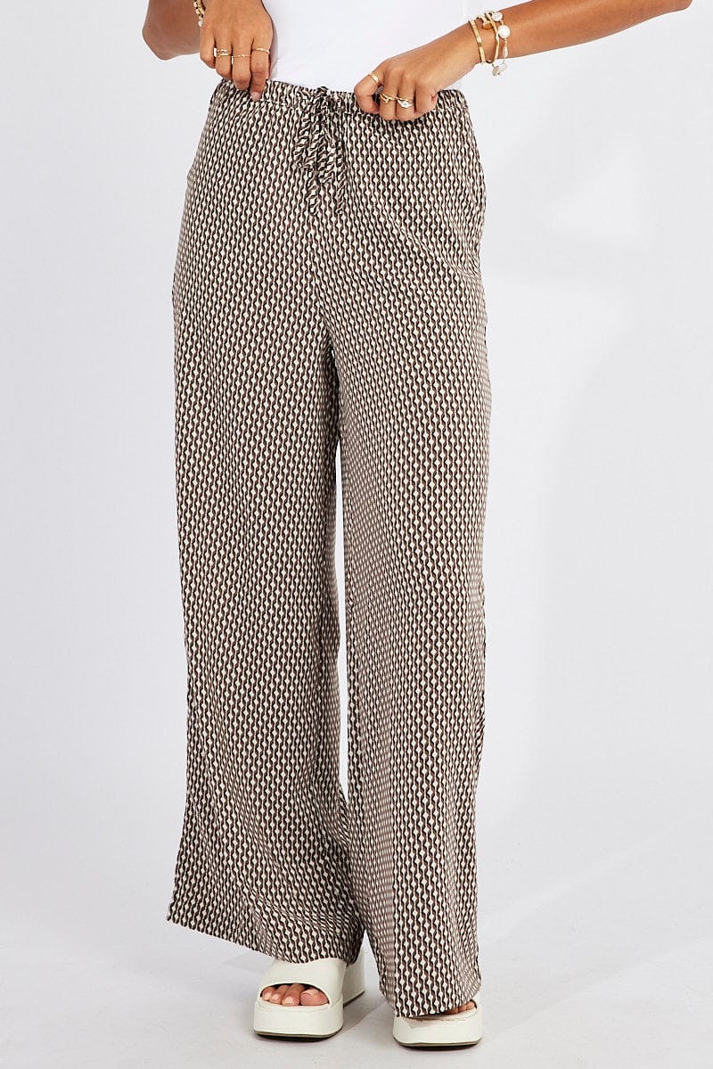 Brown Geo Wide Leg Pants Drawstring Waist