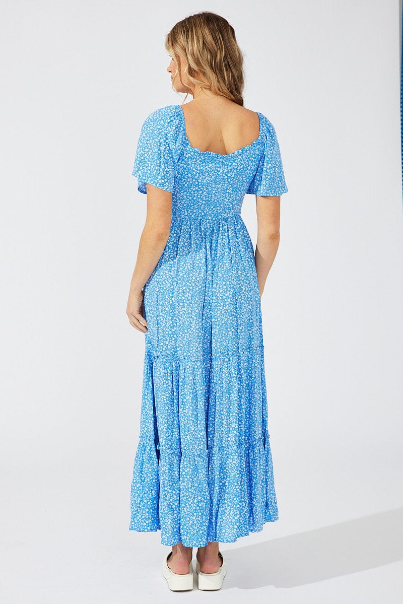 Blue Ditsy Maxi Dress Short Sleeve Shirred