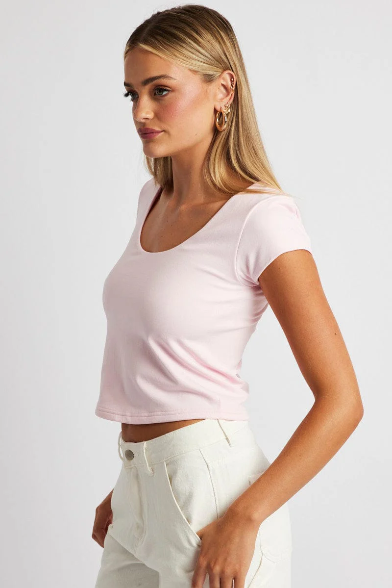 Pink T Shirt Cap Sleeve Square Neck Seamless