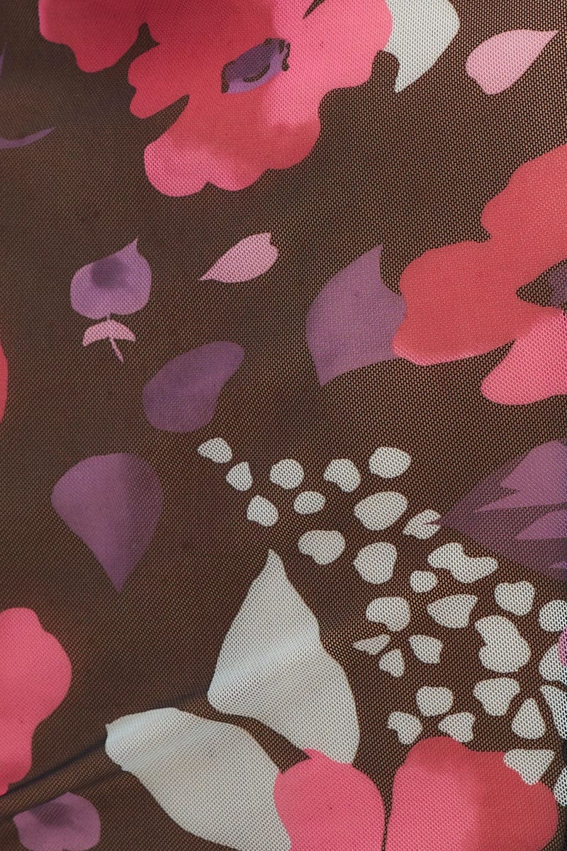 Pink Abstract Floral Print Mesh Short Sleeve Top
