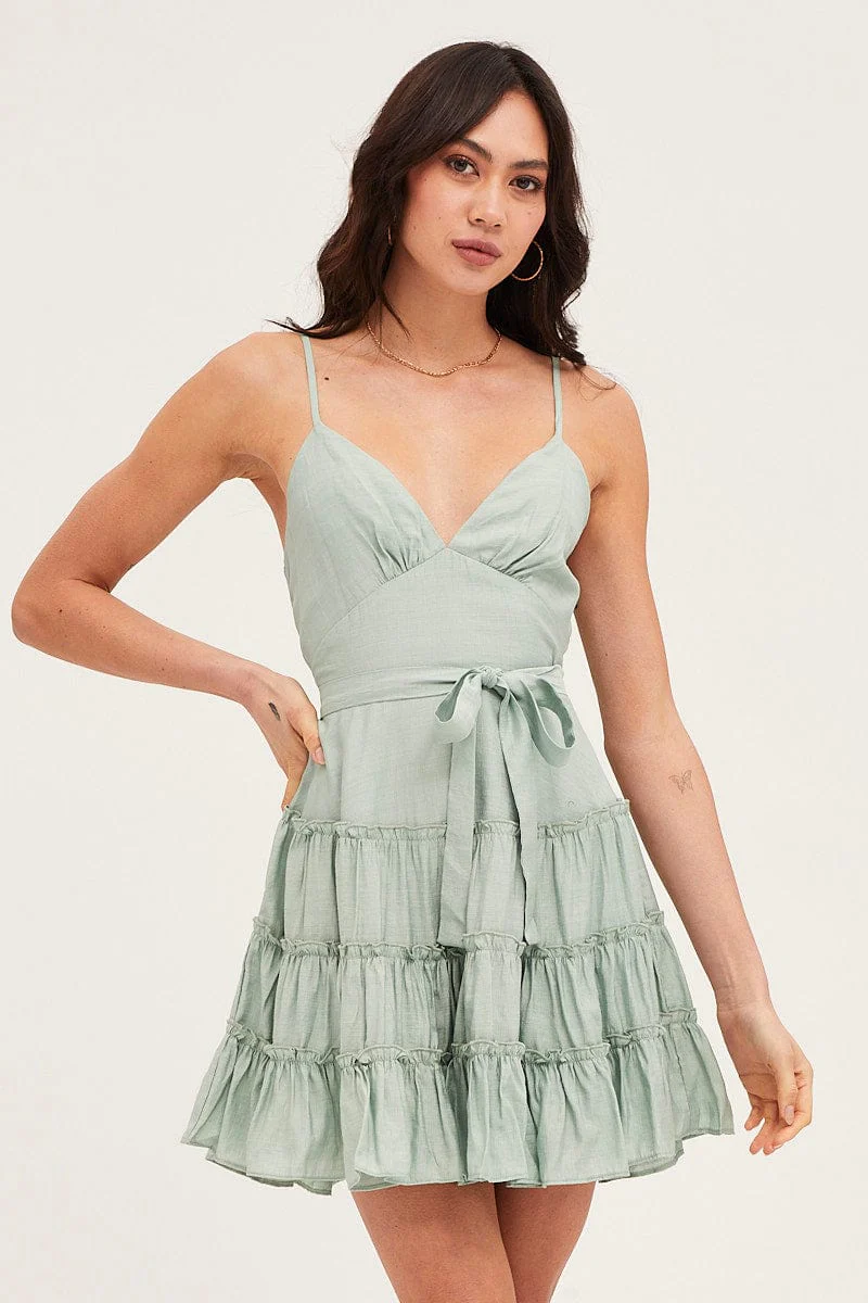 Green V Neck Frill Skater Dress