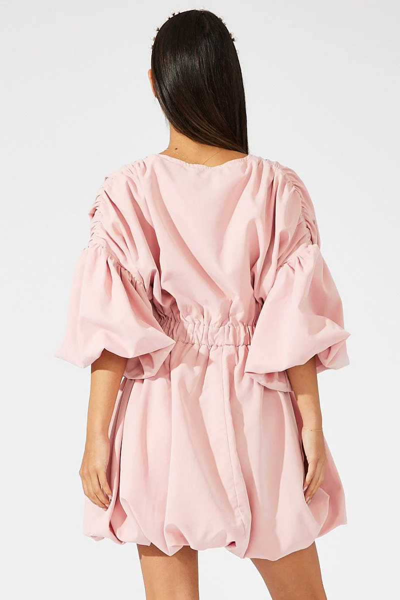 Pink Puffball Dress Statement Plunge Mini Dress