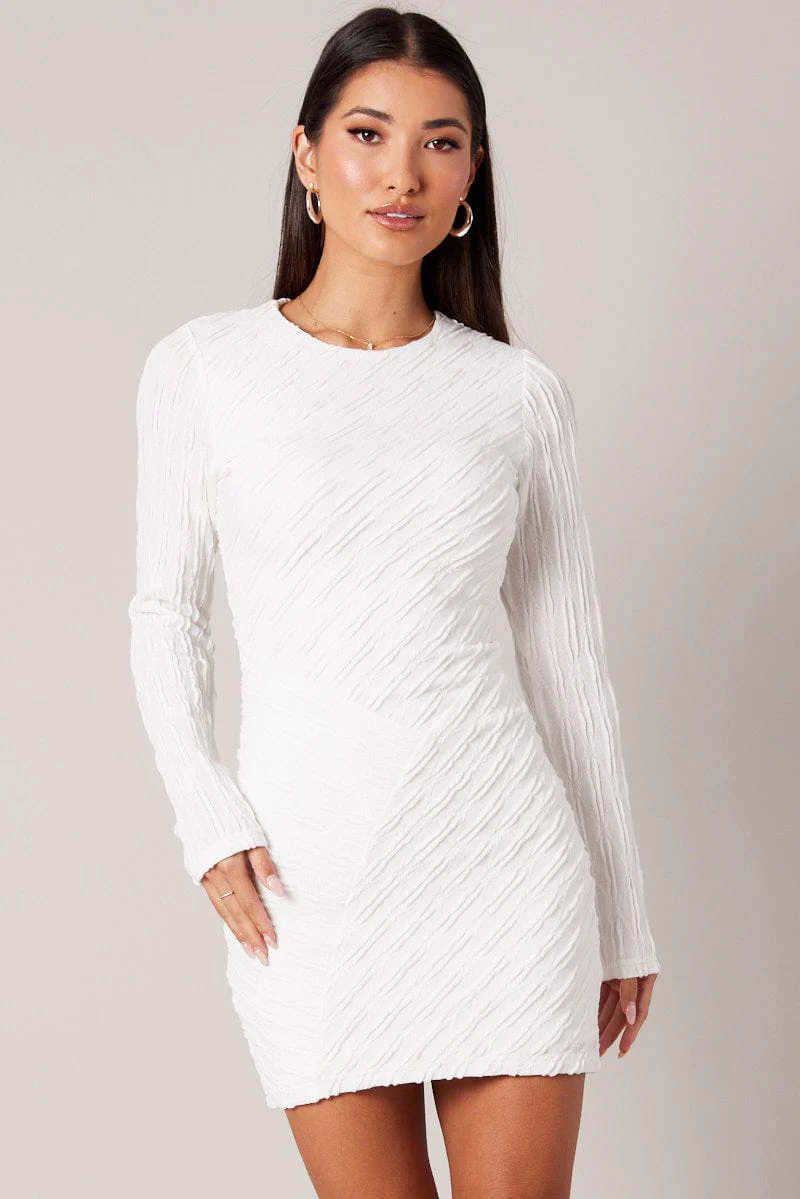 White Bodycon Dress Mini Long Sleeve Textured