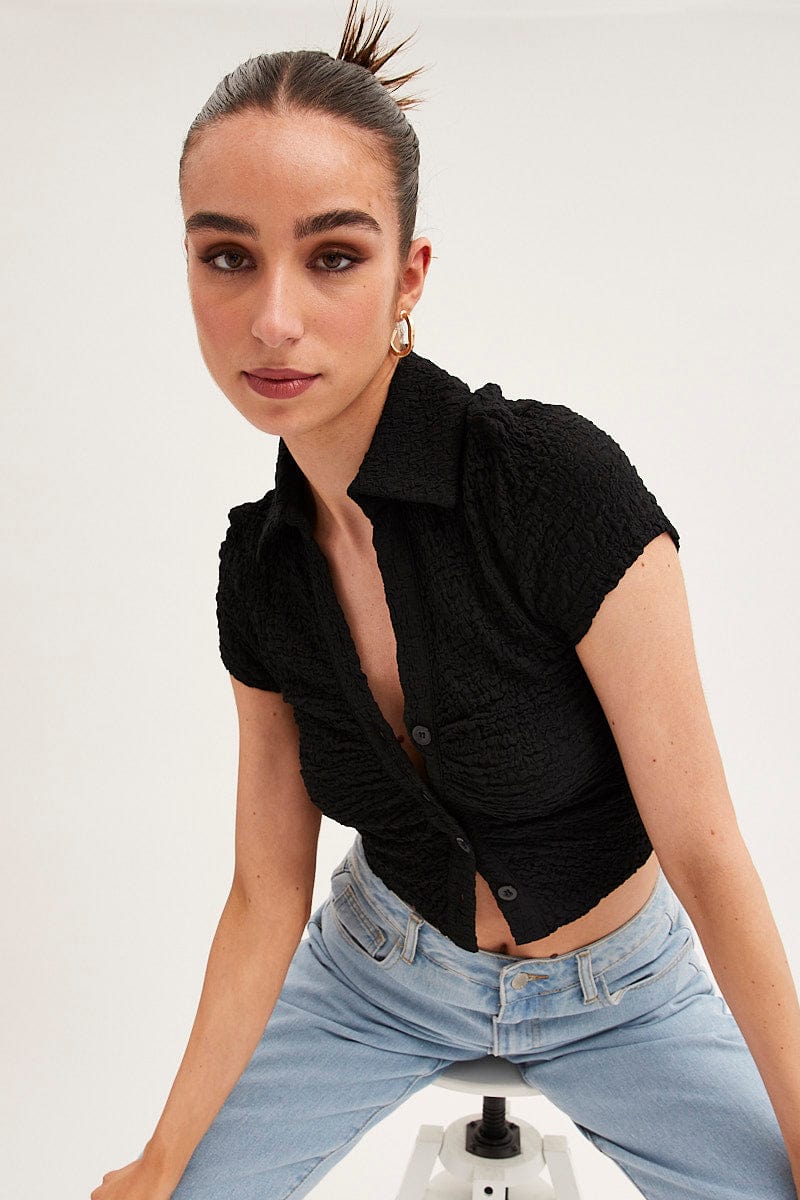 Black Crop Top Short Sleeve Collared Button Up Textured