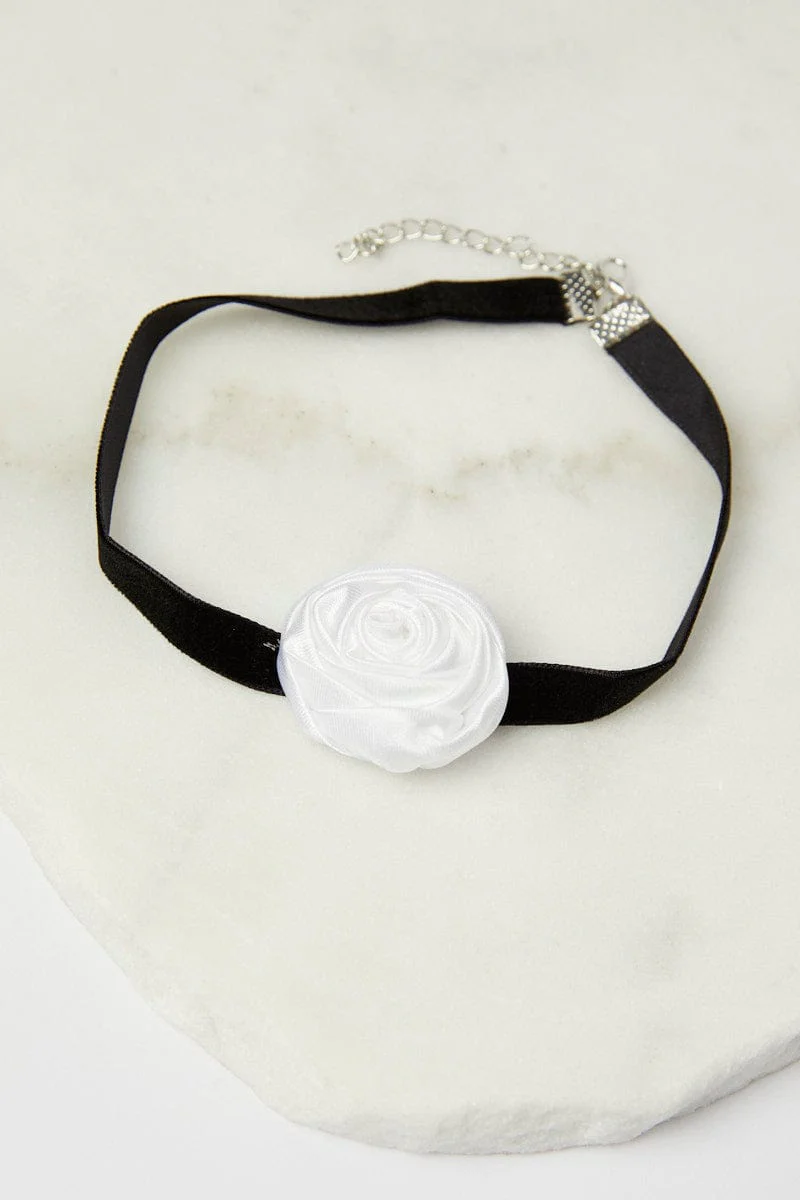 White Rosette Flower Corsage Rose Choker