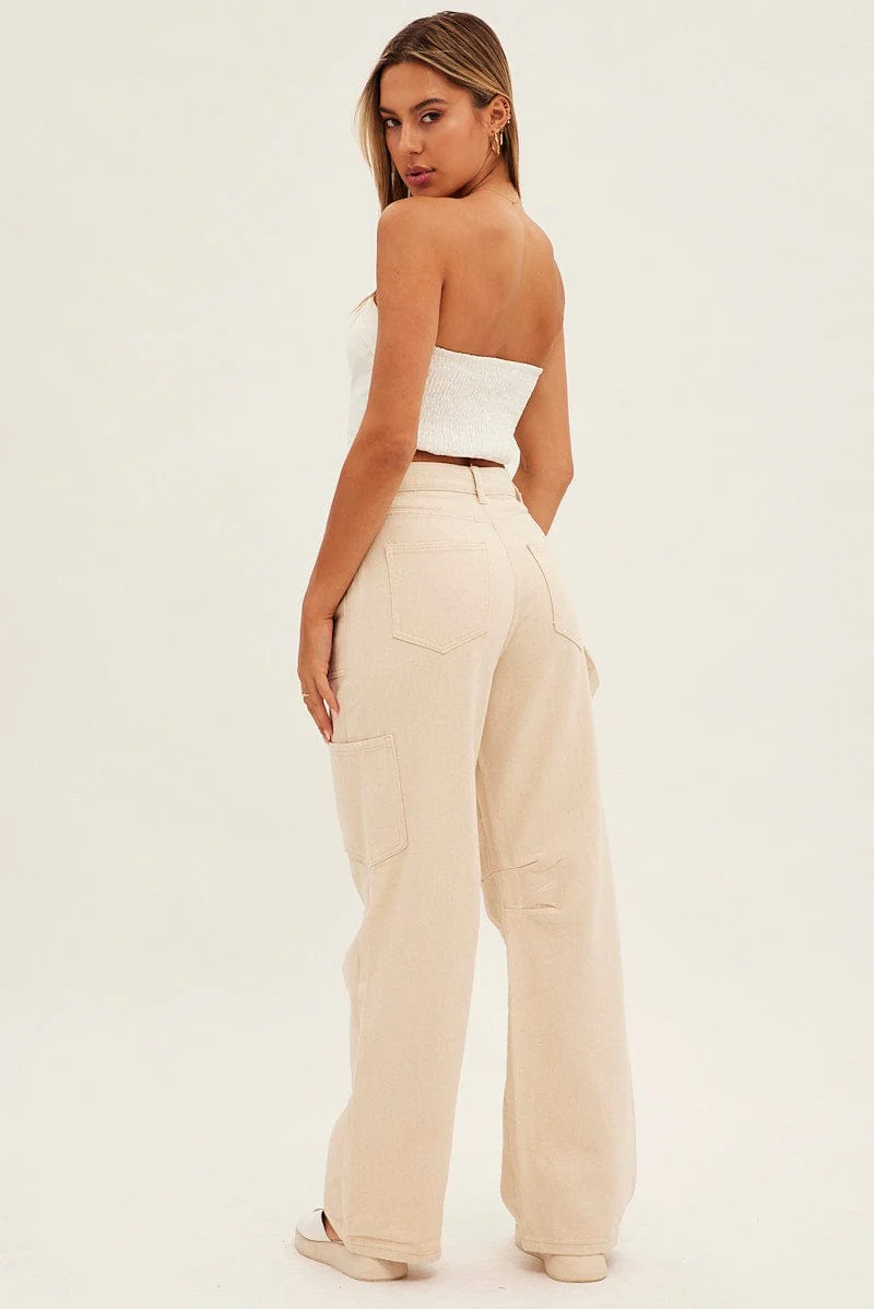 Beige Cargo Jeans Mid Rise