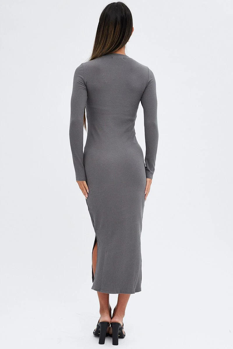 Grey Midi Dress Long Sleeve Mock Neck Cut Out Bodycon