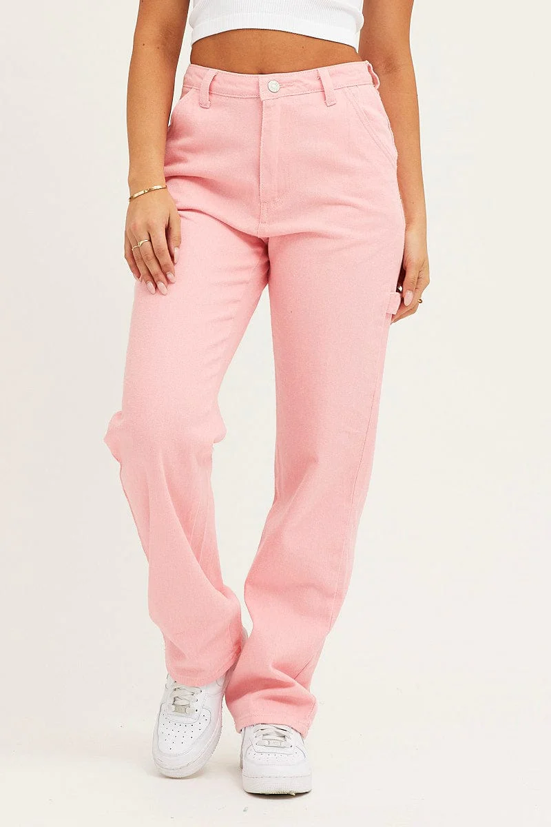 Pink Carpenter Denim Jeans High Rise