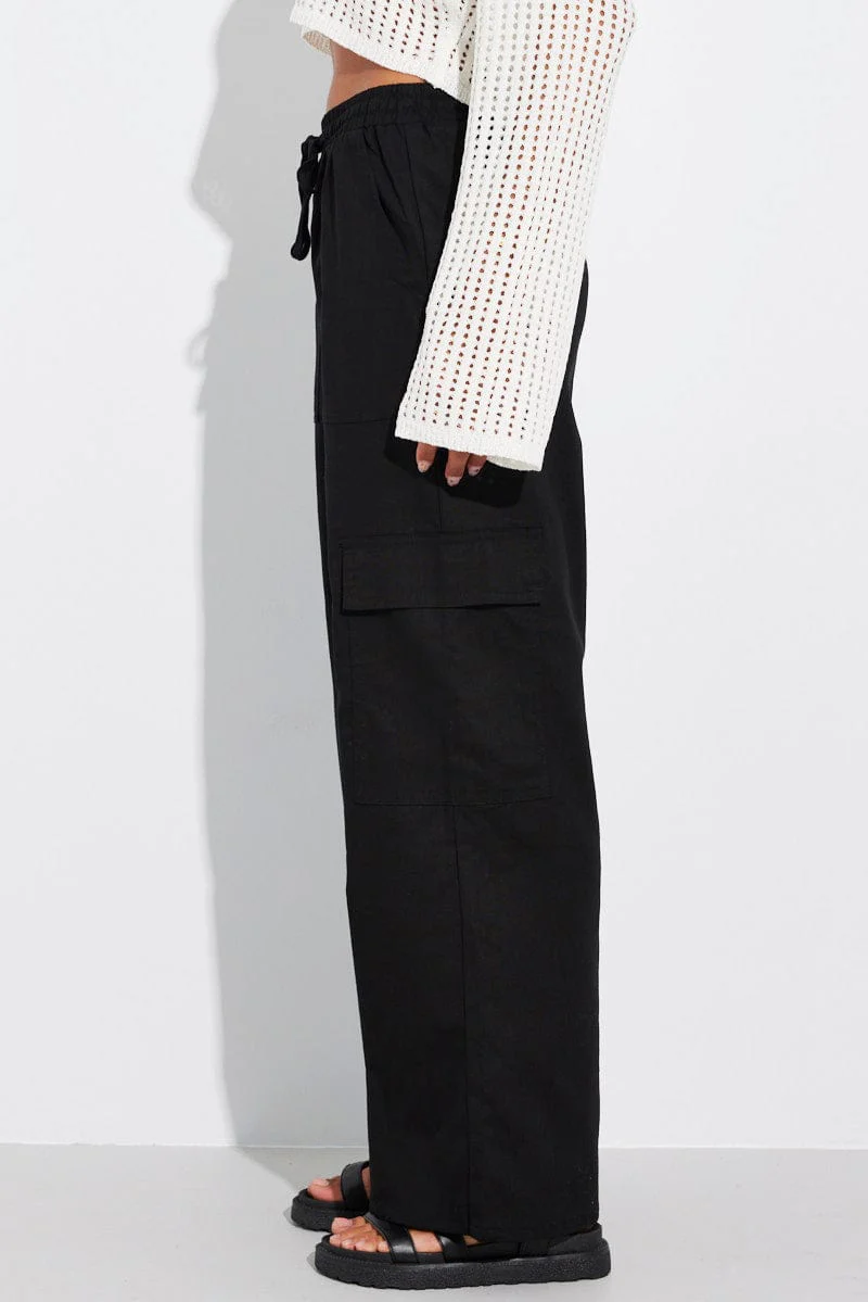 Black Relaxed Cargo Pant Elasticated Waist