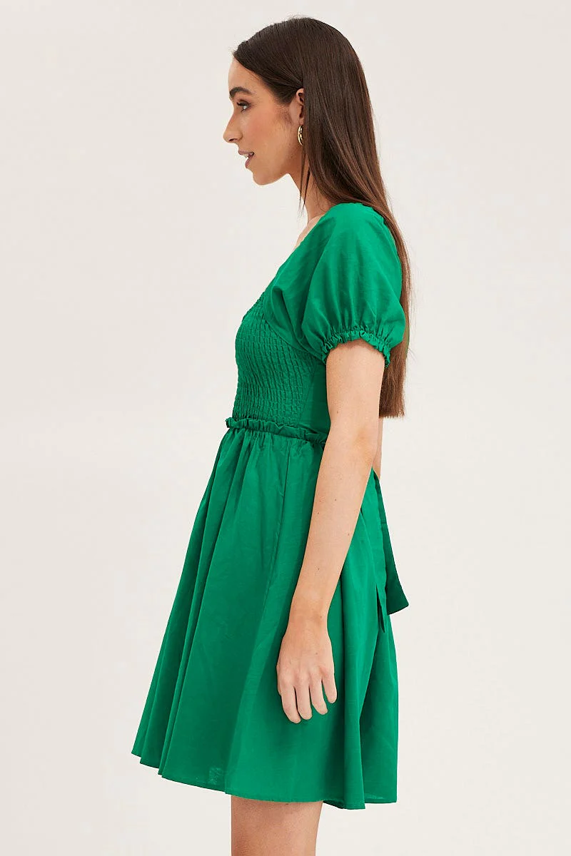 Green Puff Sleeve Linen Shirred Skater Dress