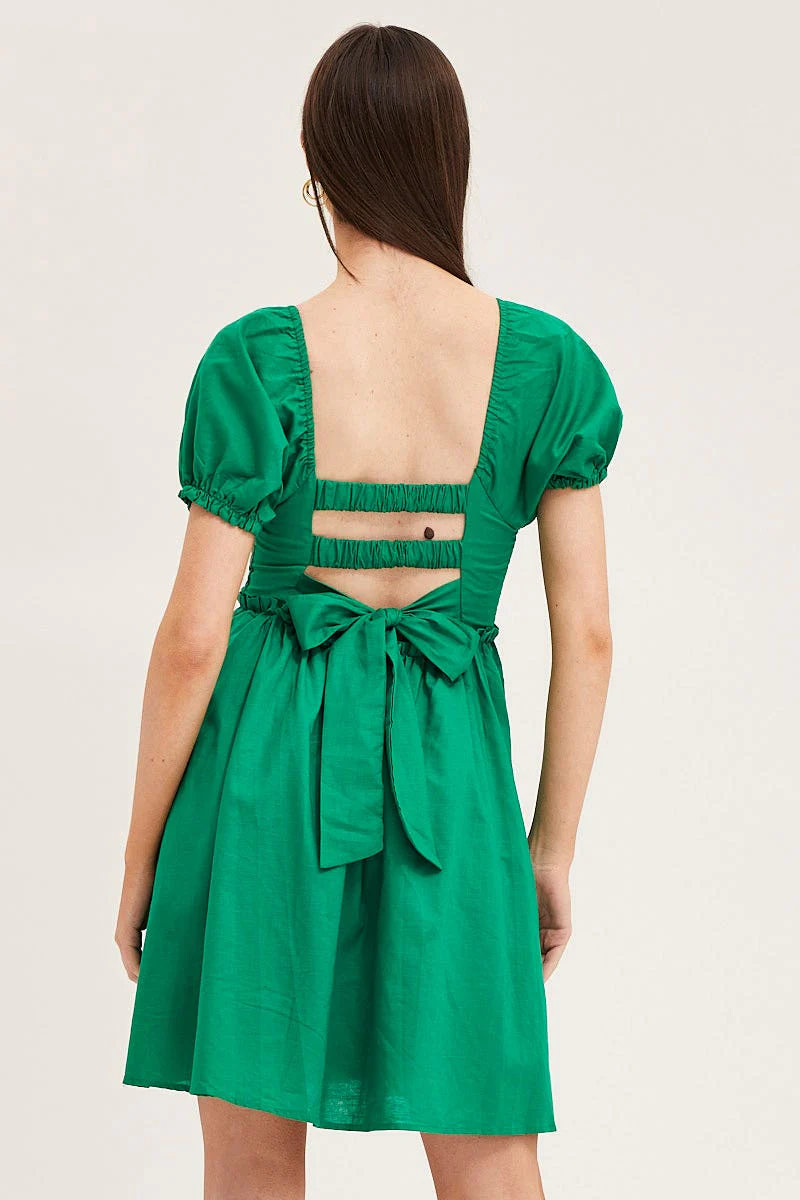 Green Puff Sleeve Linen Shirred Skater Dress
