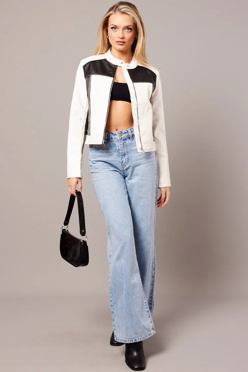 Grey Jacket Colour Block Long Sleeve Zip Faux Leather