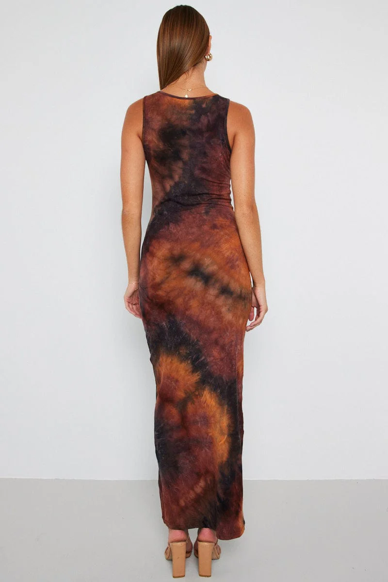 Brown Abstract Maxi Dress Sleeveless Jersey
