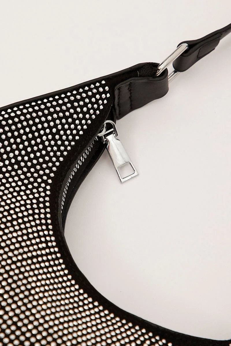 Black Rhinestone Decor Shoulder Bag
