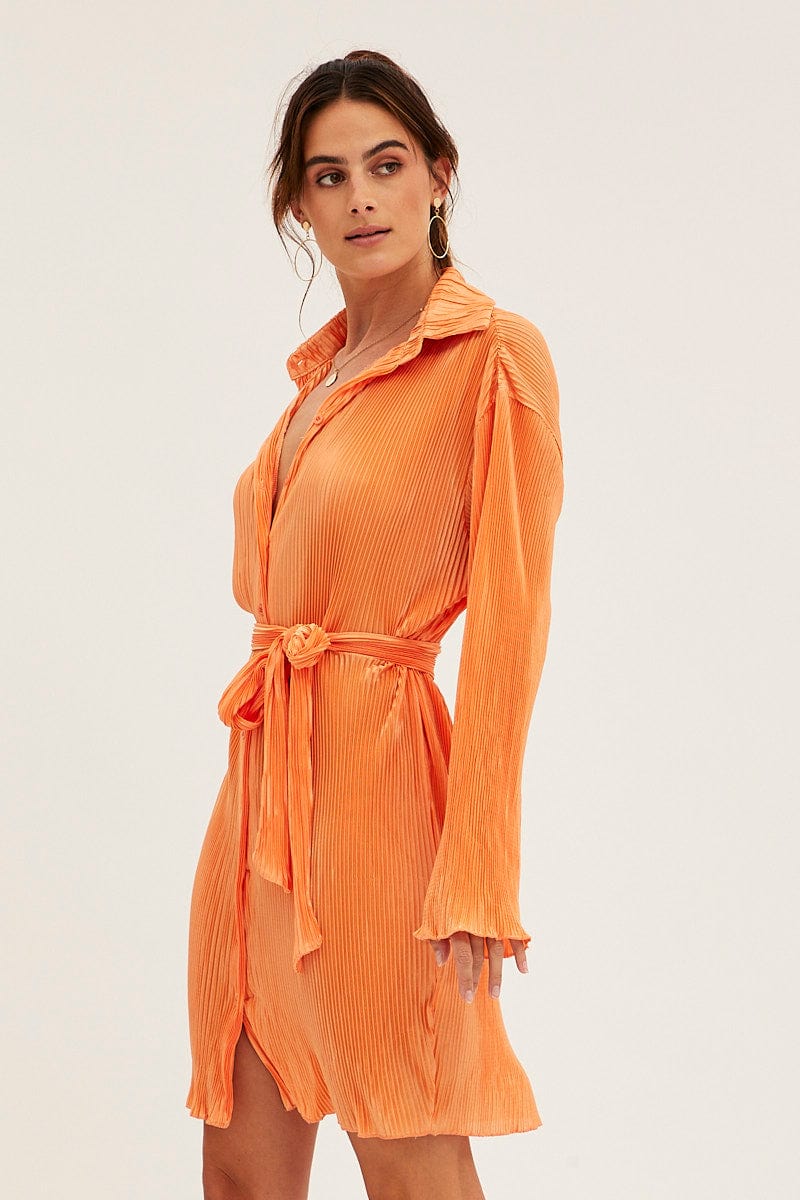 Orange Plisse Shirt Dress Front Button
