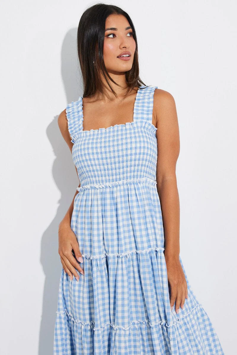 Blue Check Maxi Dress Shirred Bust Tiered