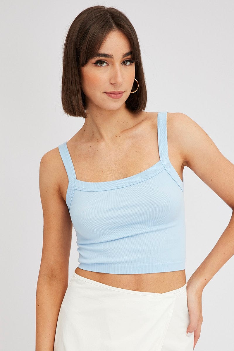 Blue Singlet Top Round Neck Seamles