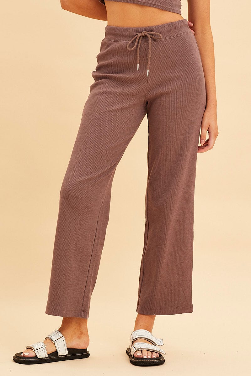 Brown Wide Leg Pant Rib Crop Drawstring Waist