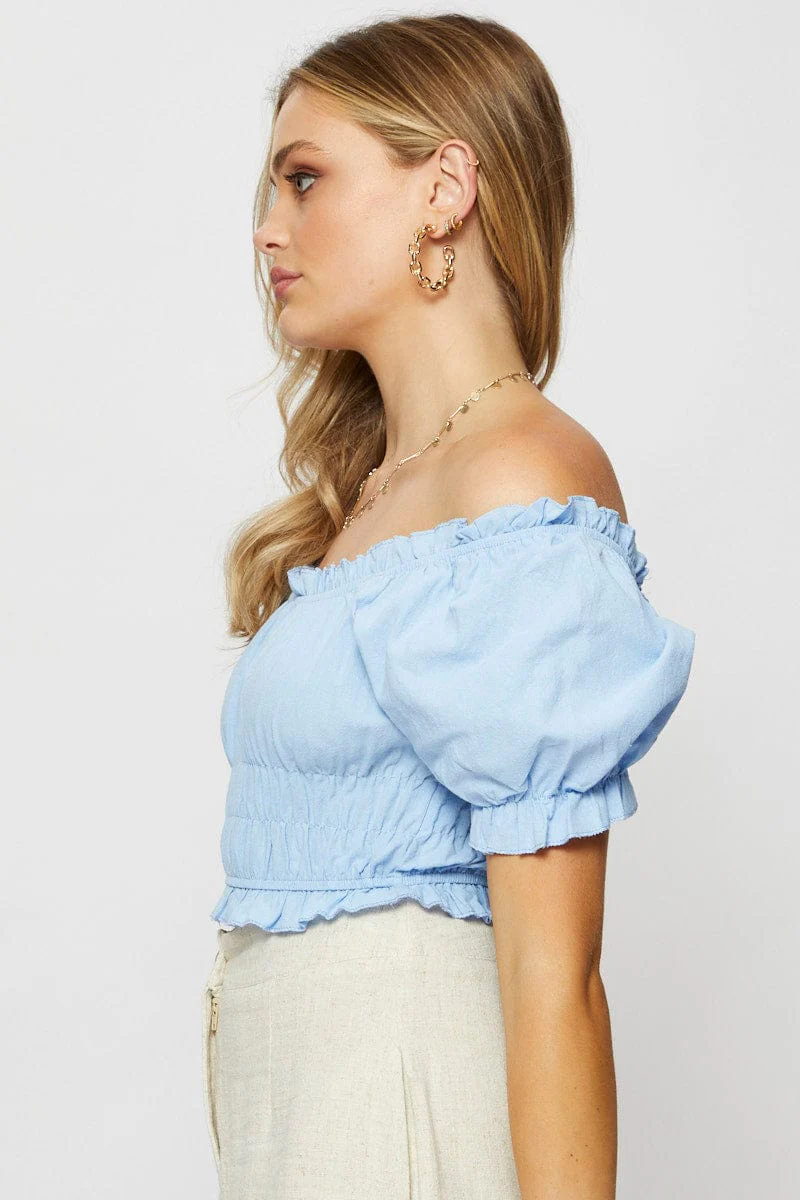 Blue Crop Top Off Shoulder Short Sleeve