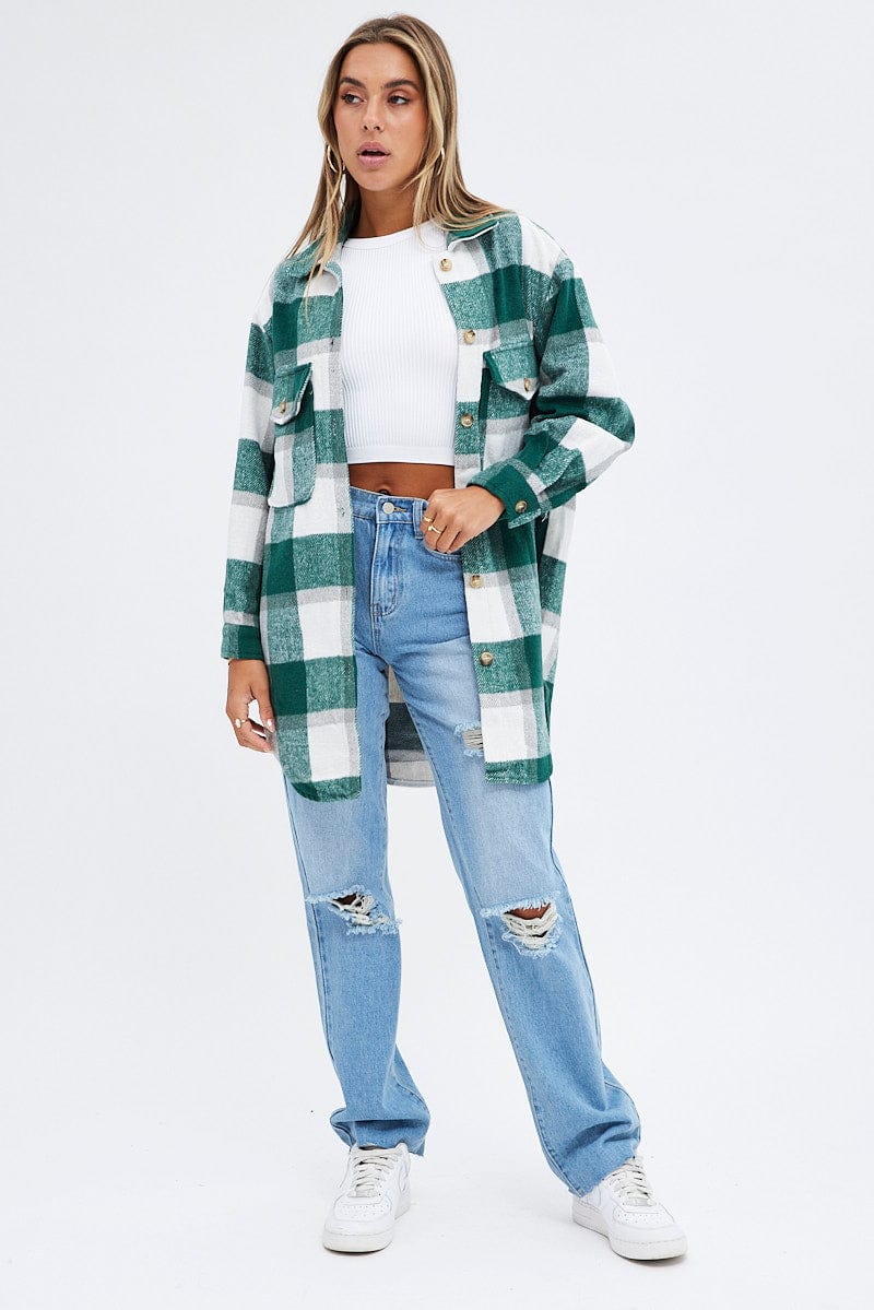 Green Check Print Shirt Long Sleeve