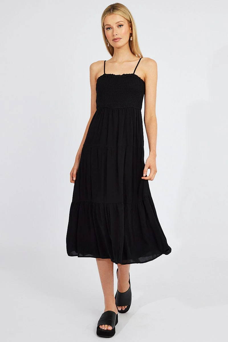 Black Midi Dress Sleeveless Shirred Tie Back