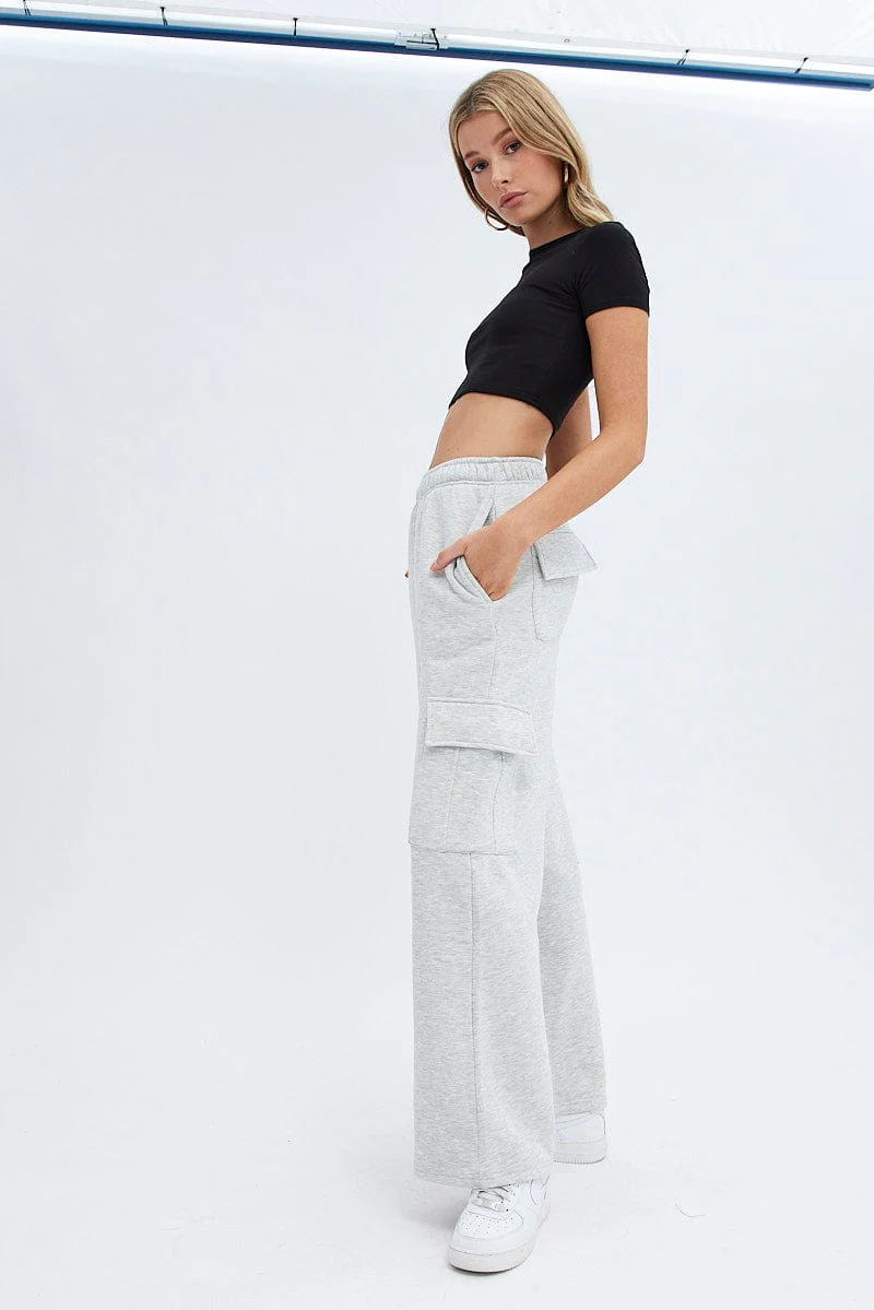 Grey Cargo Track Pants High Rise