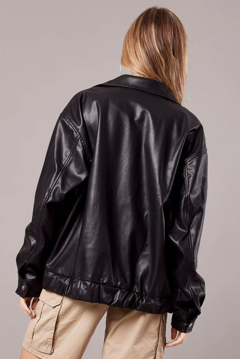 Black Faux Leather Oversized Jacket