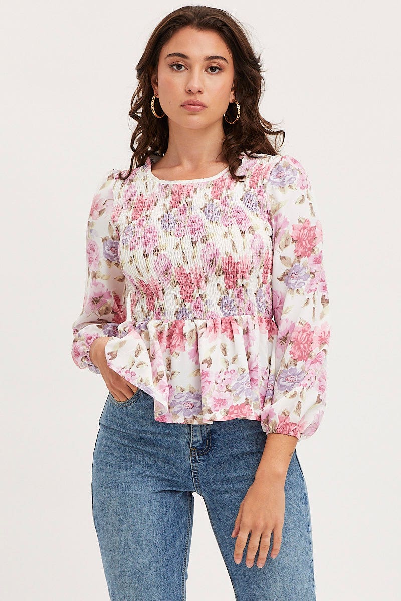 Print Shirred Top Long Sleeve