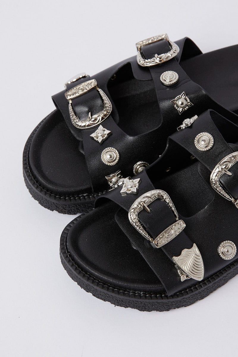 Black Buckle Studded Western Footbed Sandal