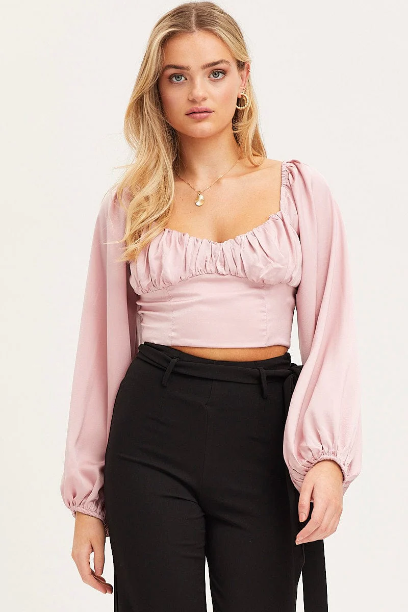 Pink Puff Sleeve Top Long Sleeve Crop Satin