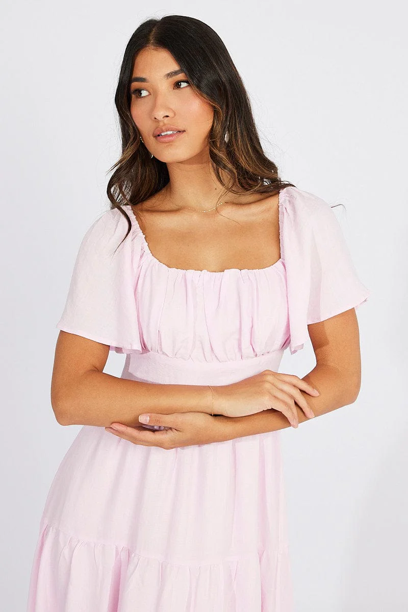 Pink Maxi Dress Square Neck Tiered