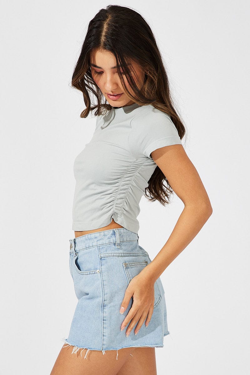 Grey T Shirt Short Sleeve Crew Neck Ruched Seamless