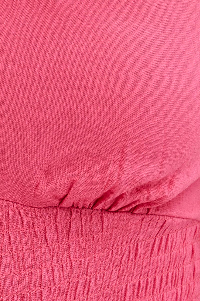 Pink Shirred Bardot Bodysuit Short Sleeve Off Shoulder