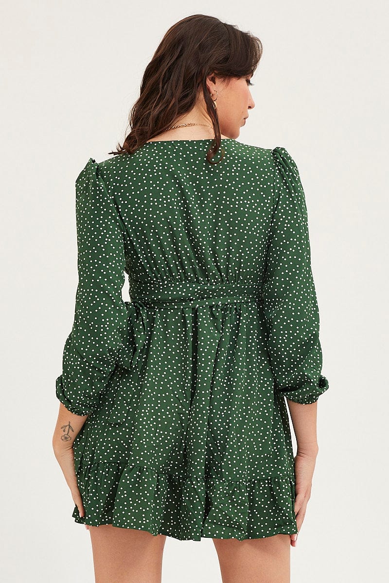 Polka Dot Wrap Dress Long Sleeve