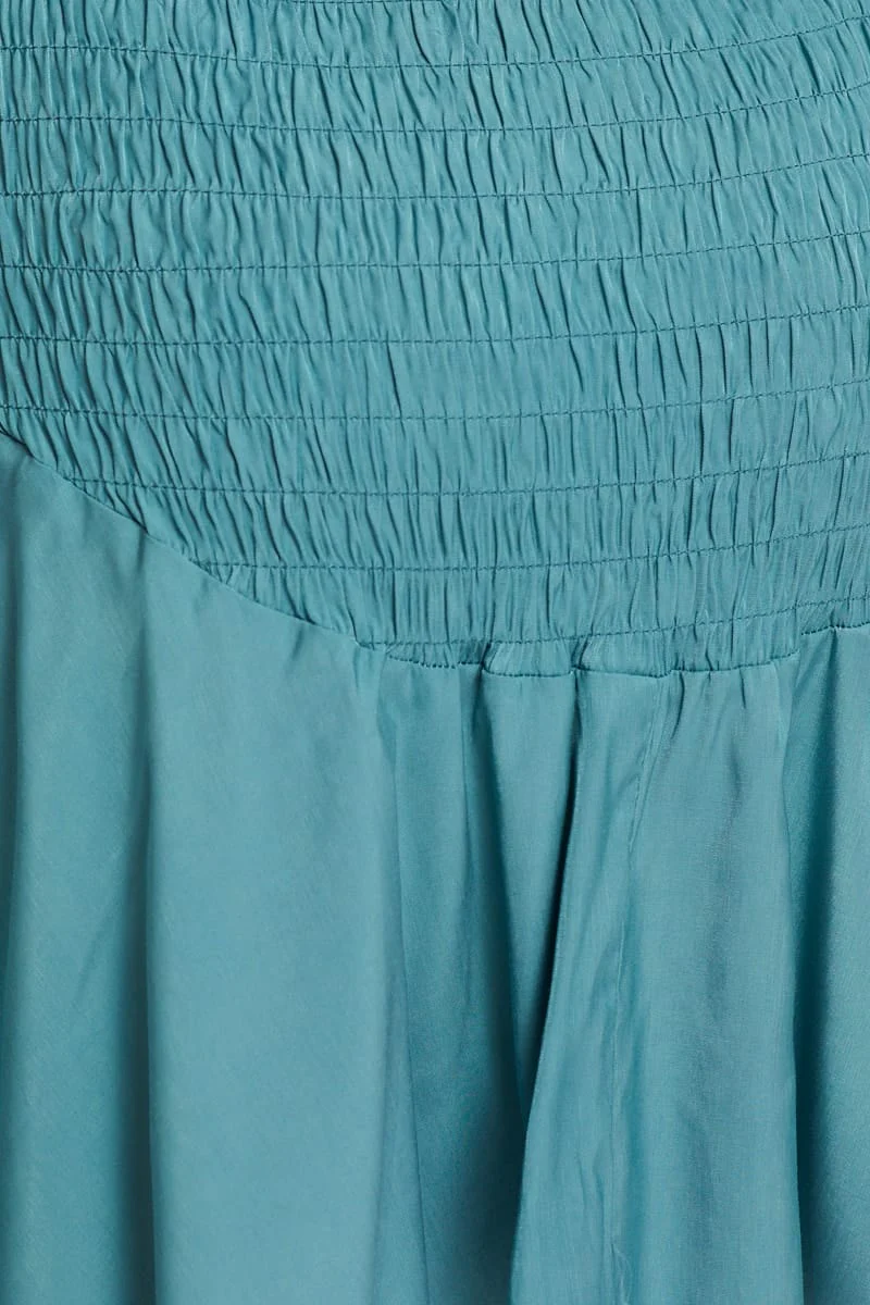 Blue Designer Shirred Of The Shoulder Ruffle Dress