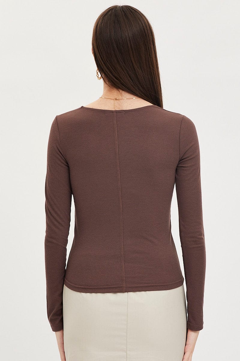 Brown Top Long Sleeve Round Neck