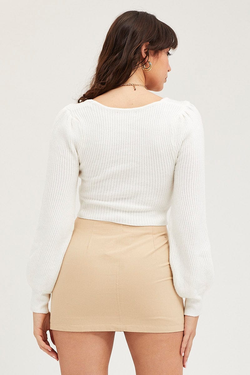White Knit Top Long Sleeve Square Neck