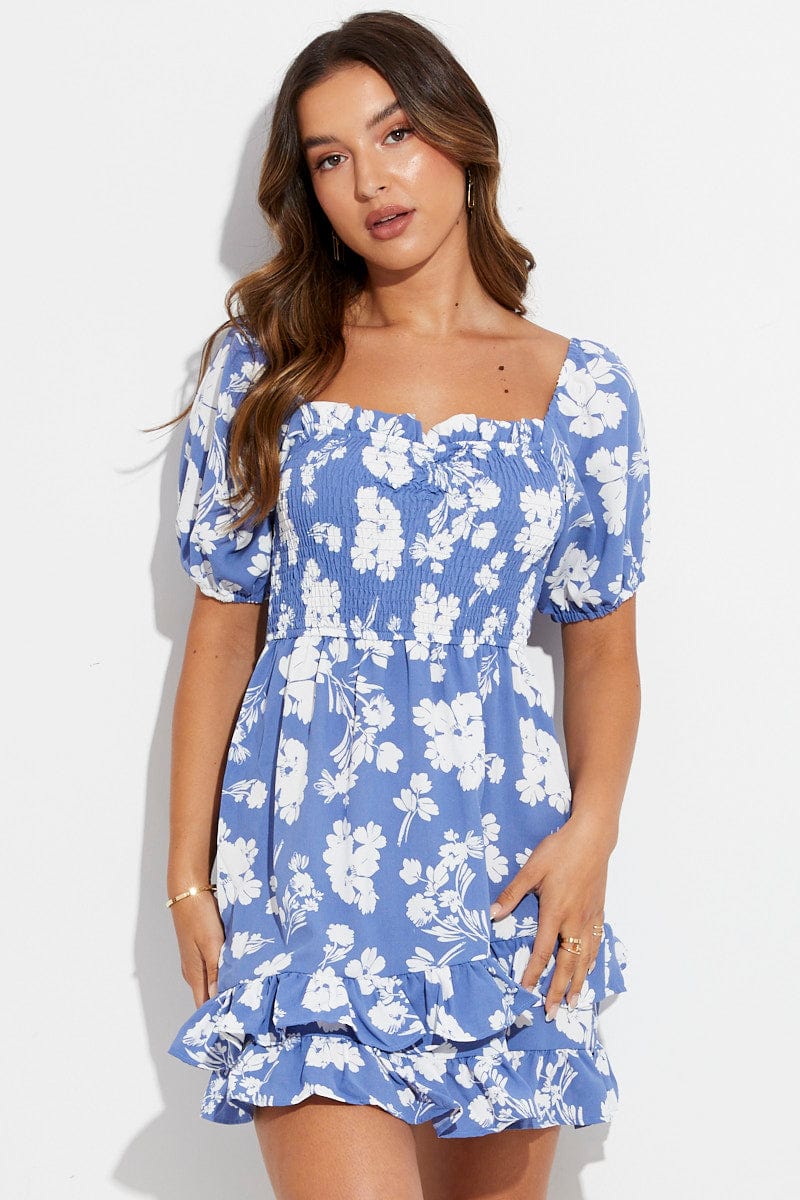 Blue Floral Dress Short Sleeve Skater Floral Print