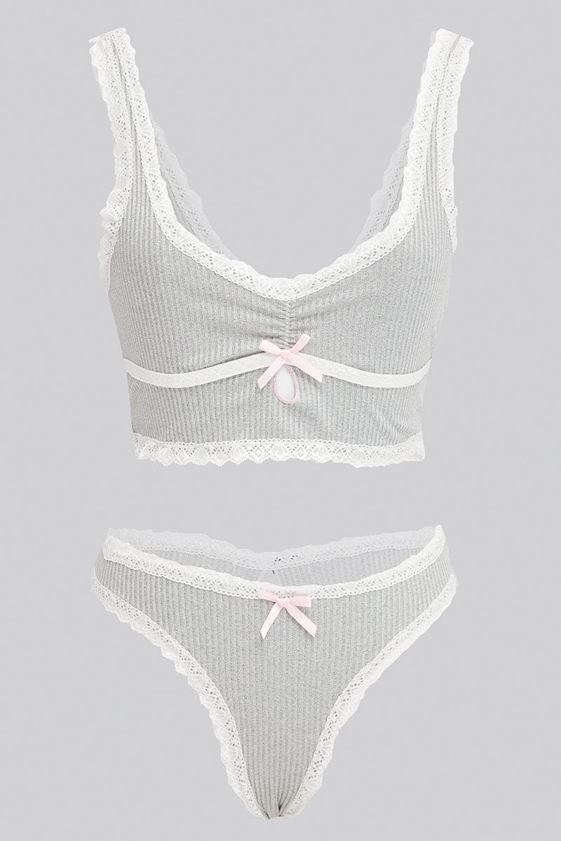Grey Lace Trim Lingerie Set