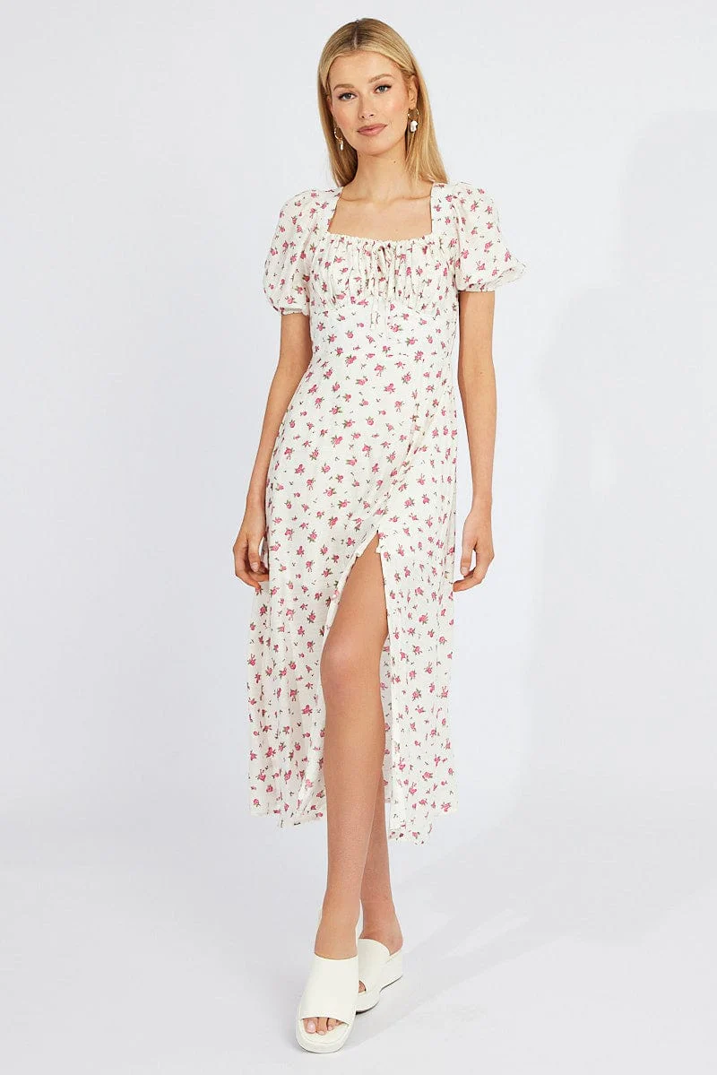 White Floral Midi Dress Puff Sleeve Midi