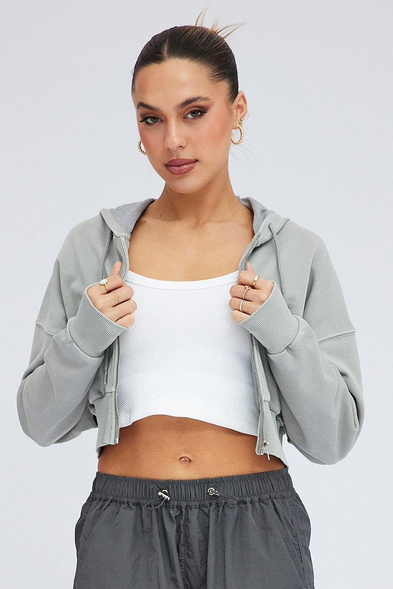 Grey Zip Hoodie Long Sleeve Crop