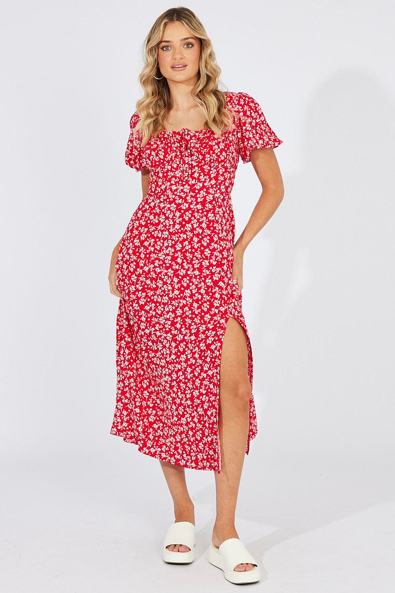 Red Ditsy Midi Dress Short Sleeve Ruched Bust
