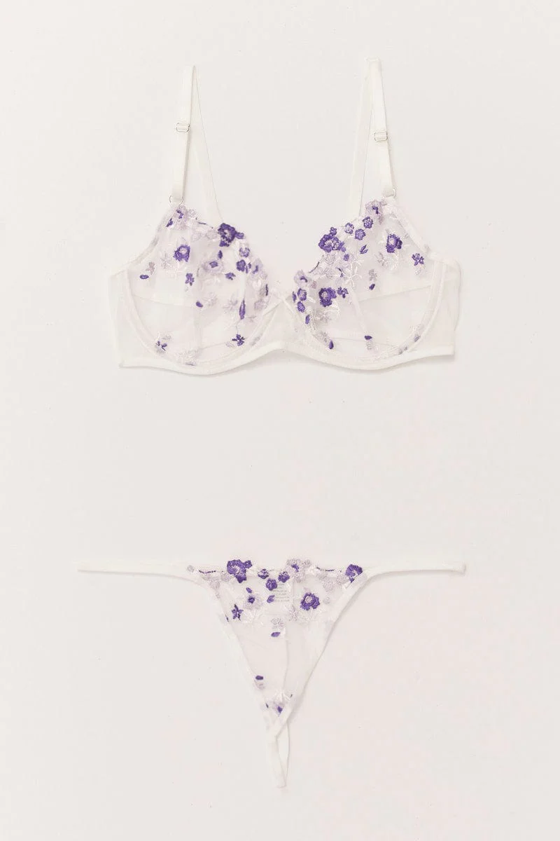 Purple Floral Embroidered Lingerie Set