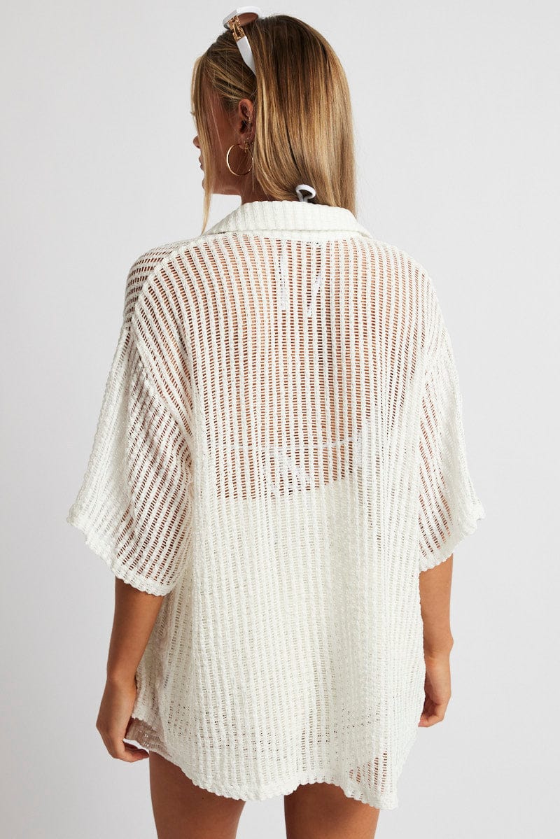 White Collar Knit Top Short Sleeve