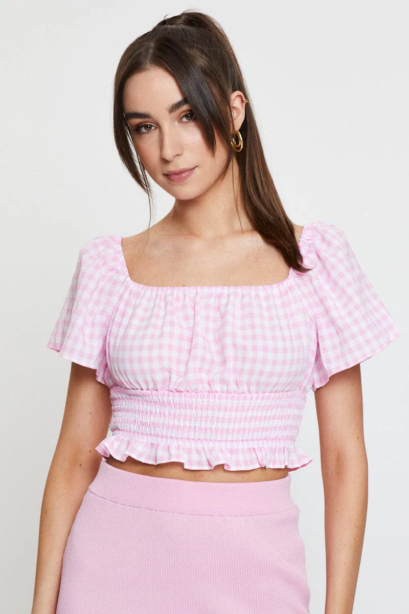 Check Crop Top Off Shoulder