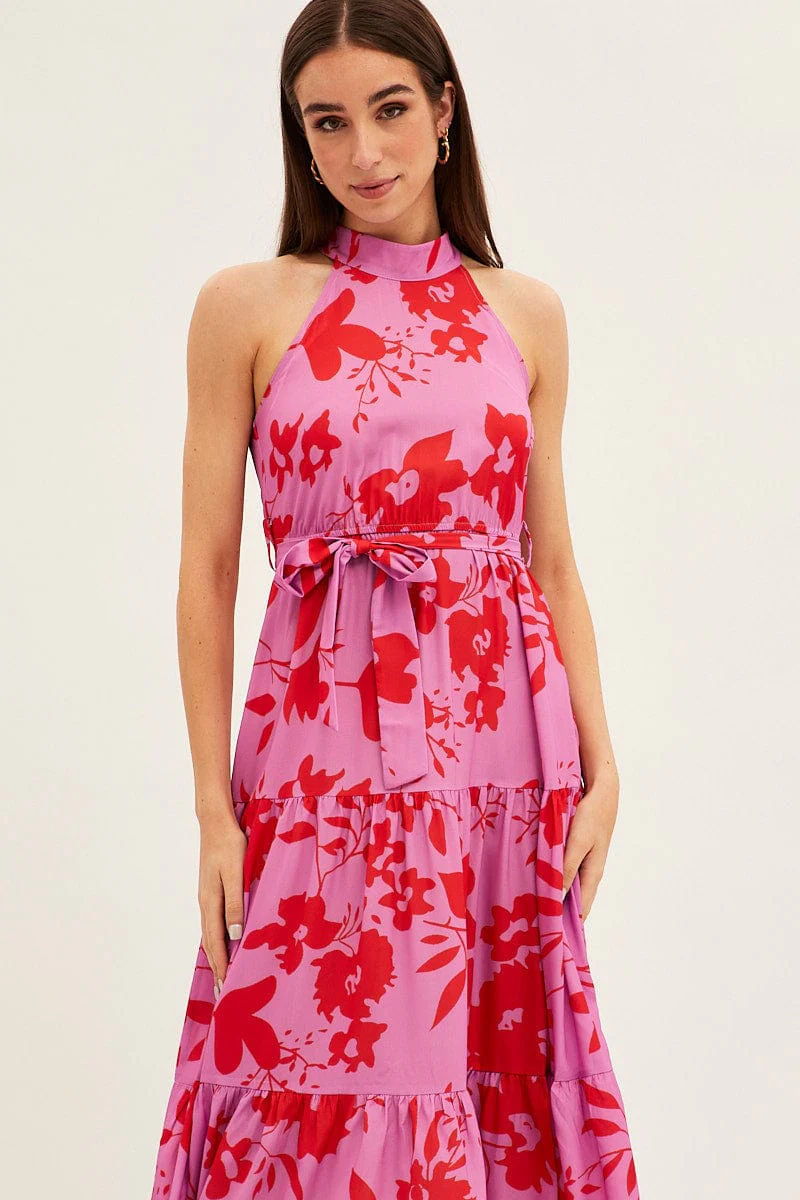 Pink Floral Halter Neck Floral Maxi Dress