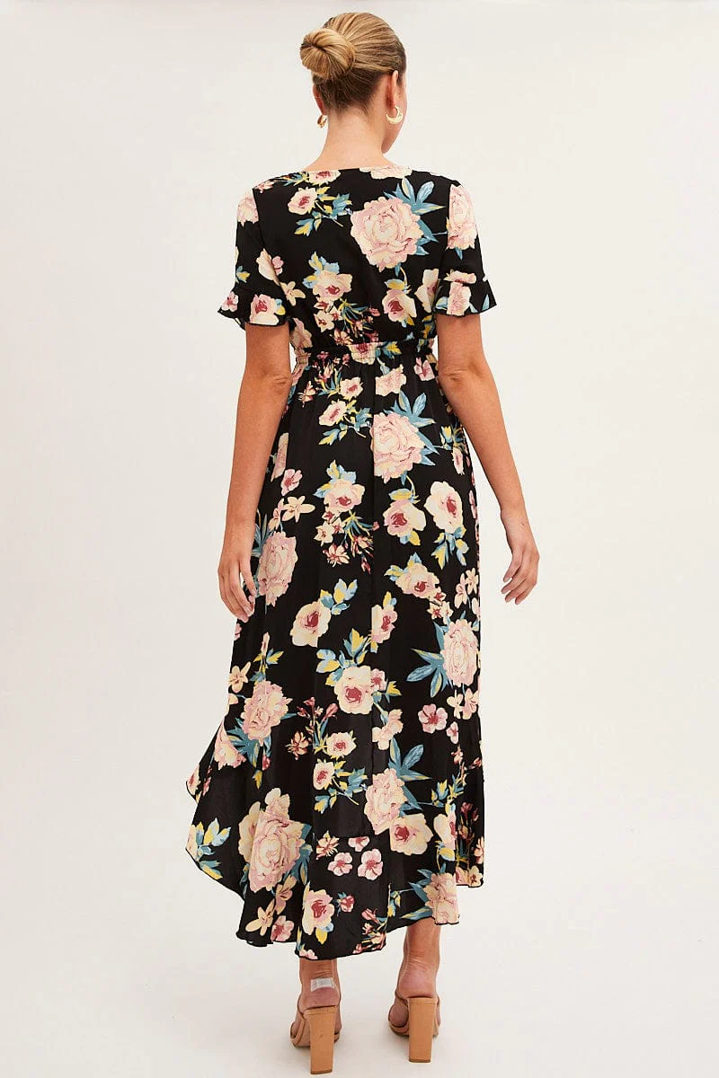 Black Floral Tie Front Floral Midi Dress